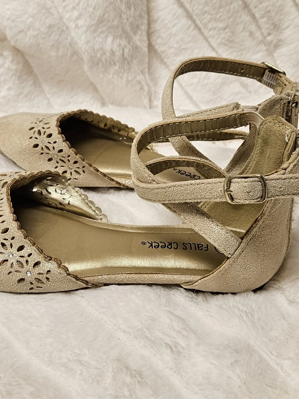 Falls Creek Taupe Laser-Cut Ankle-Strap Flats